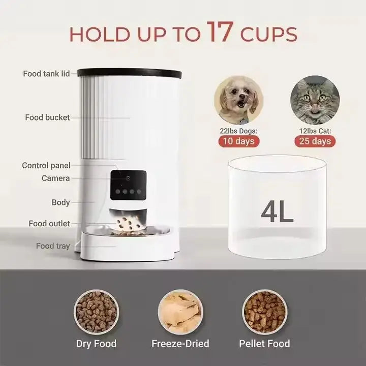 Intelligenter automatischer Futterautomat für Haustiere mit App, Kamera und Sprachaufzeichnung für Katzen und Hunde