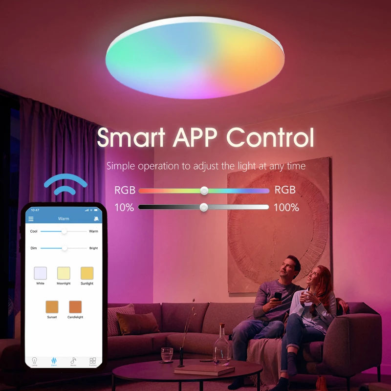Plafonnier LED intelligent MingBen RGB CCT 45 cm – Rond – Application Bluetooth et télécommande – Intensité variable