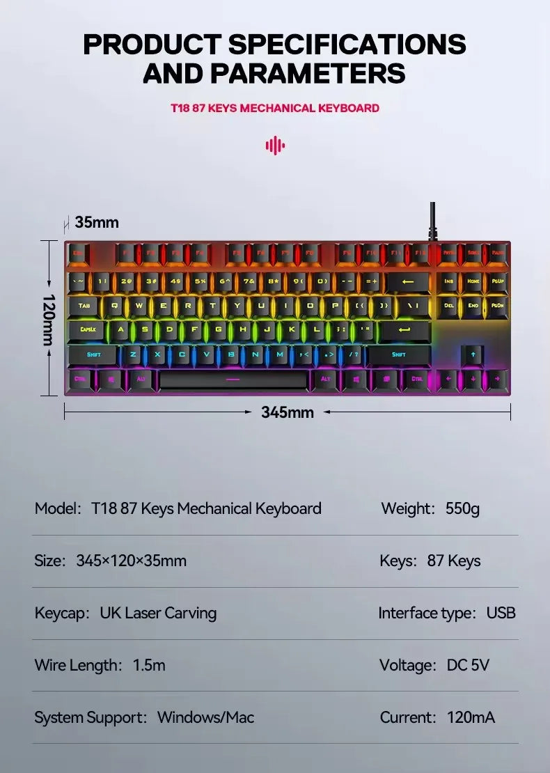 Clavier de jeu mécanique T-WOLF T18 – Clavier de jeu RGB TKL (filaire USB)