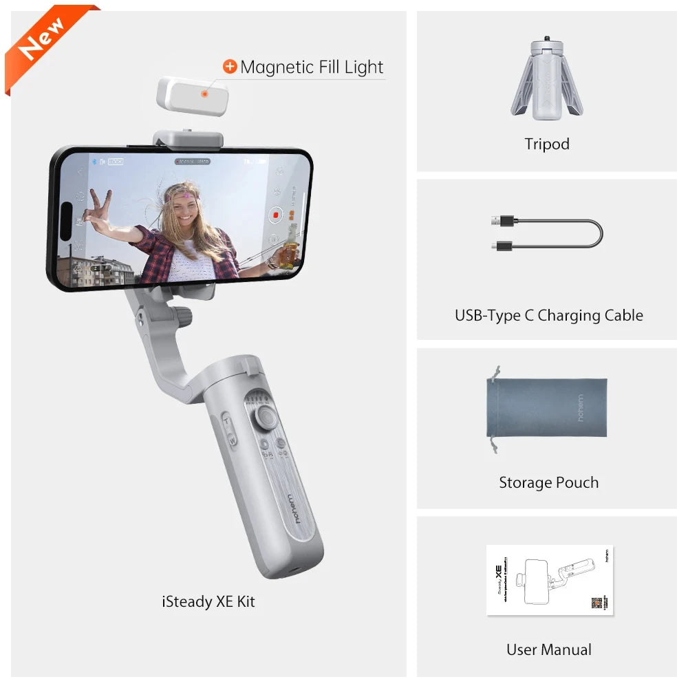 Smartphone-Gimbal-Stabilisator mit Stativ und LED-Licht – 3-Achsen-Videostabilisierung