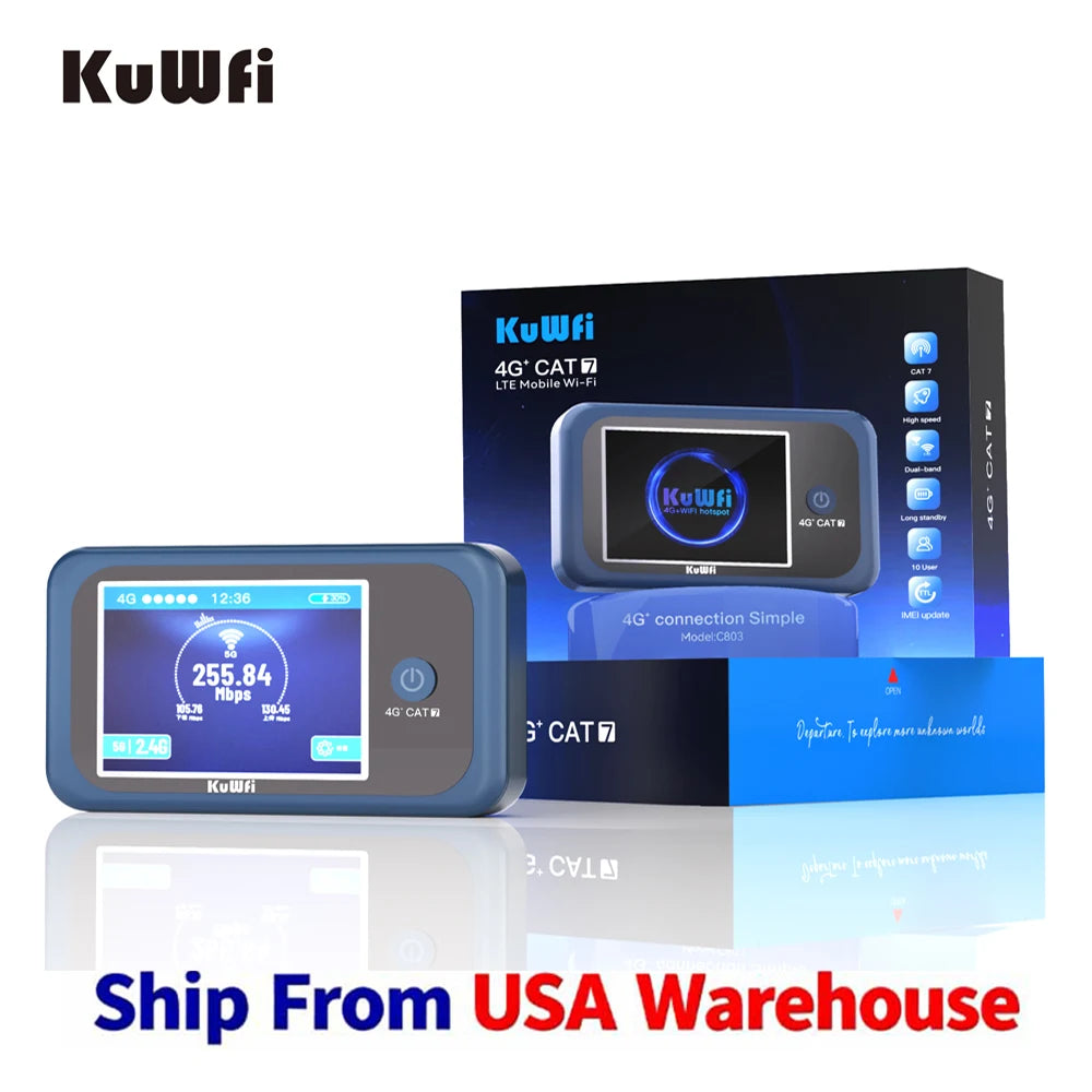 Routeur mobile KuWFi Cat7 4G+ – Point d'accès mobile 1200 Mbps avec écran LCD (camping-cars et camping)