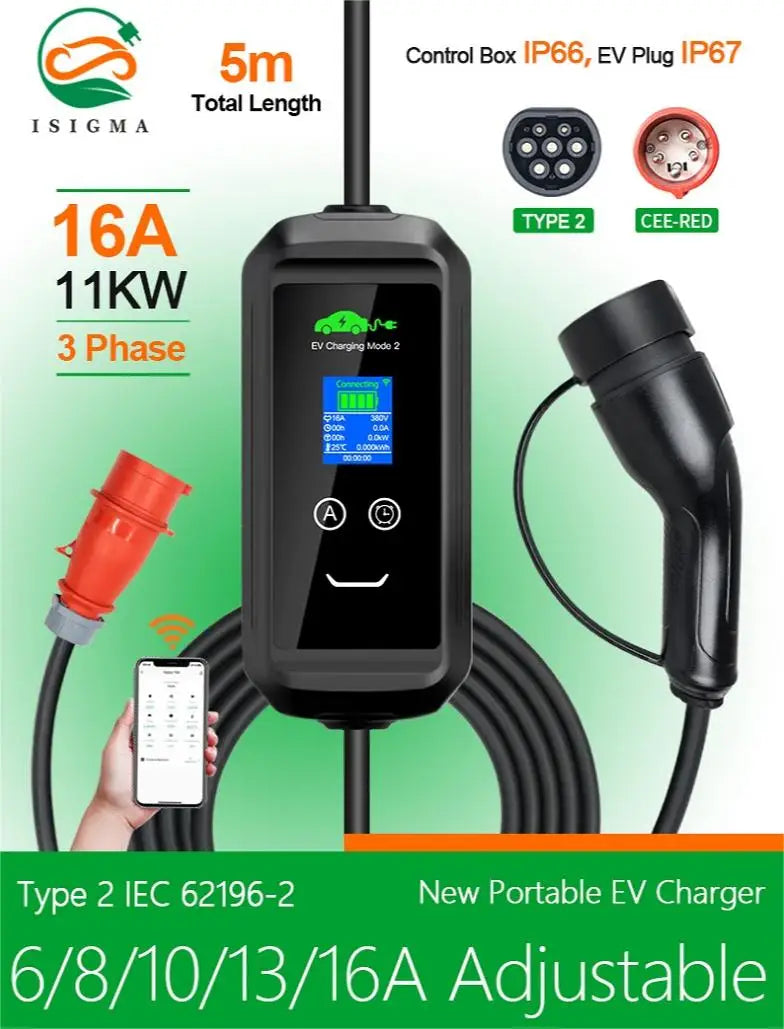 Isigma F2 11kW Portable Electric Car Charger (16A Type 2) – CE Gecertificeerd