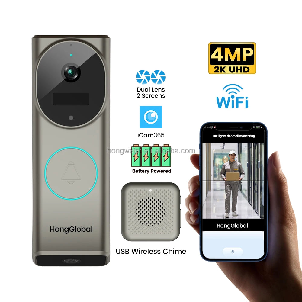 HongGlobal 4MP Dual-Objektiv-WLAN-Videotürklingel – 9000mAh – IP65 – Modell M3-WF