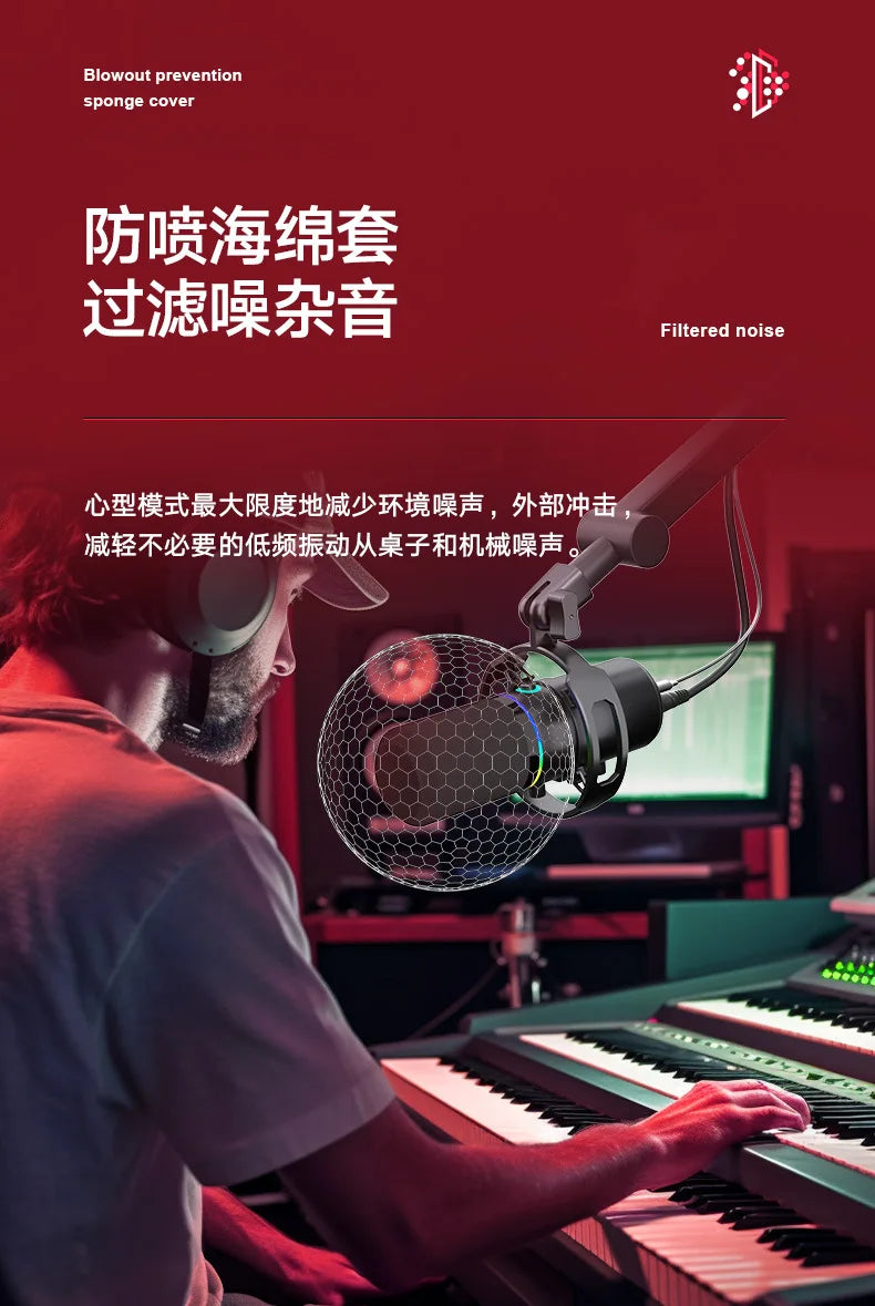 RGB Dynamische USB Microfoon – Cardioïde – Met LED Verlichting – Voor Streaming & Opnames