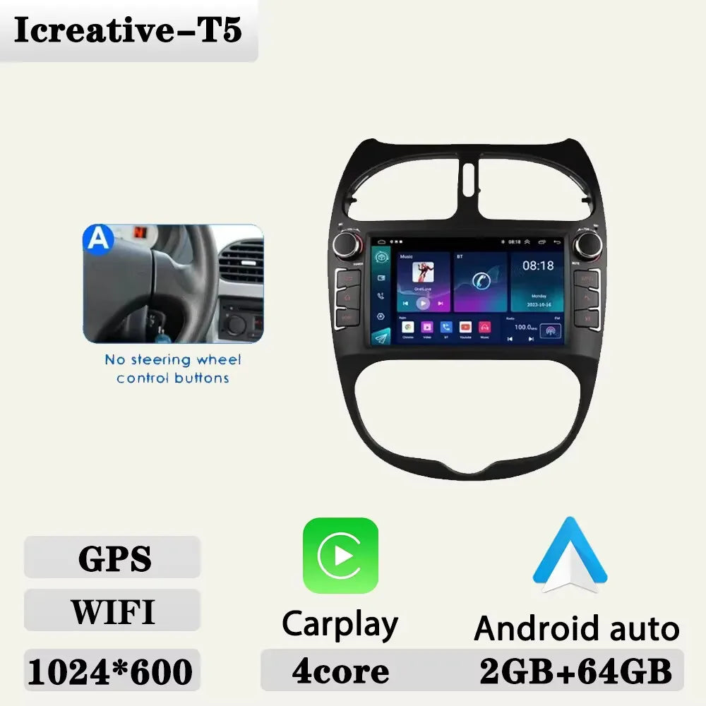 Android 2DIN Autoradio 7” met CarPlay & Android Auto voor Peugeot 206 (2000–2008)