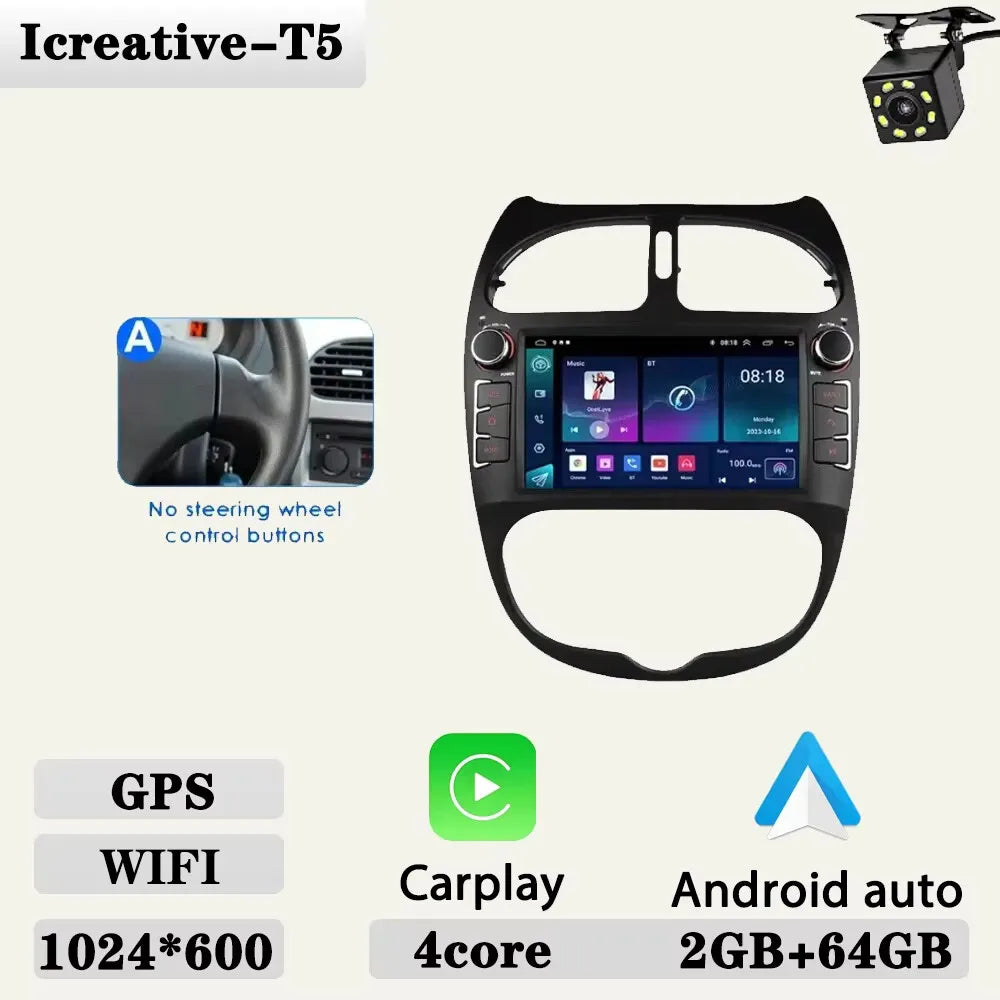 Android 2DIN Autoradio 7” met CarPlay & Android Auto voor Peugeot 206 (2000–2008)