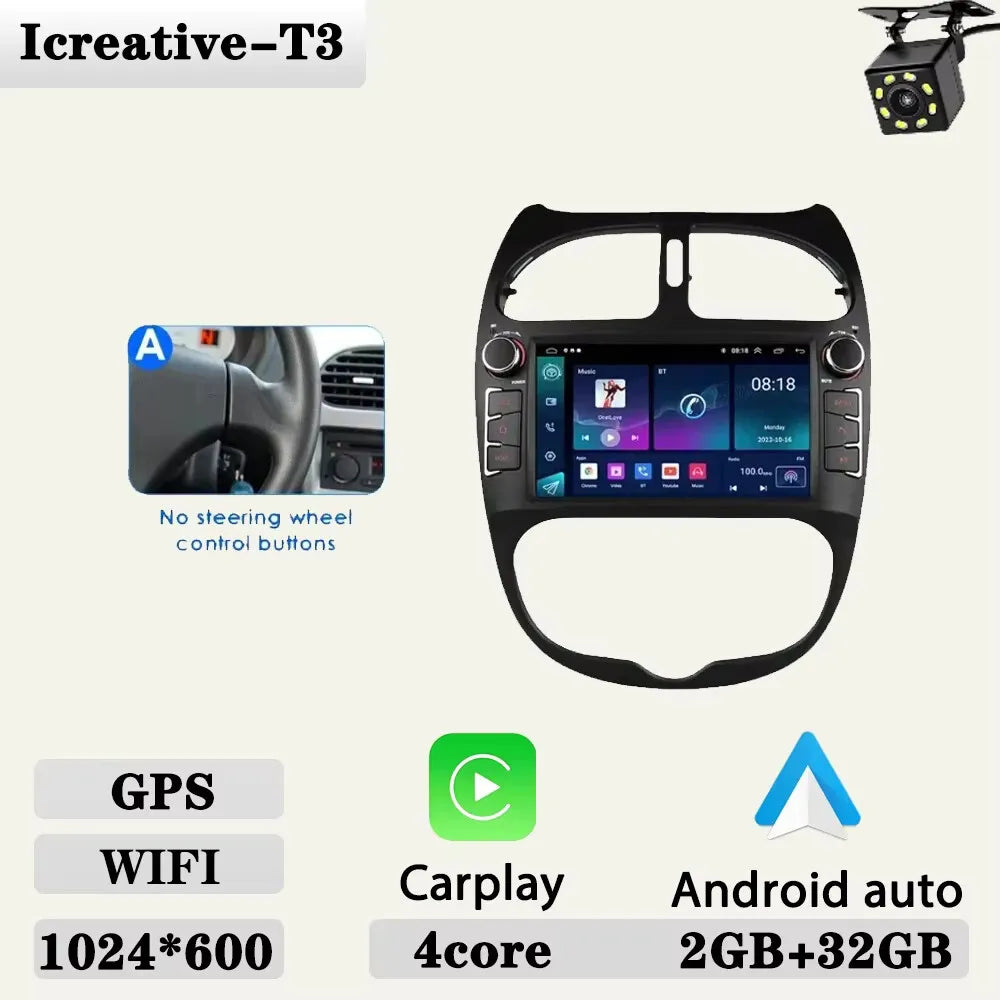 Android 2DIN Autoradio 7” met CarPlay & Android Auto voor Peugeot 206 (2000–2008)