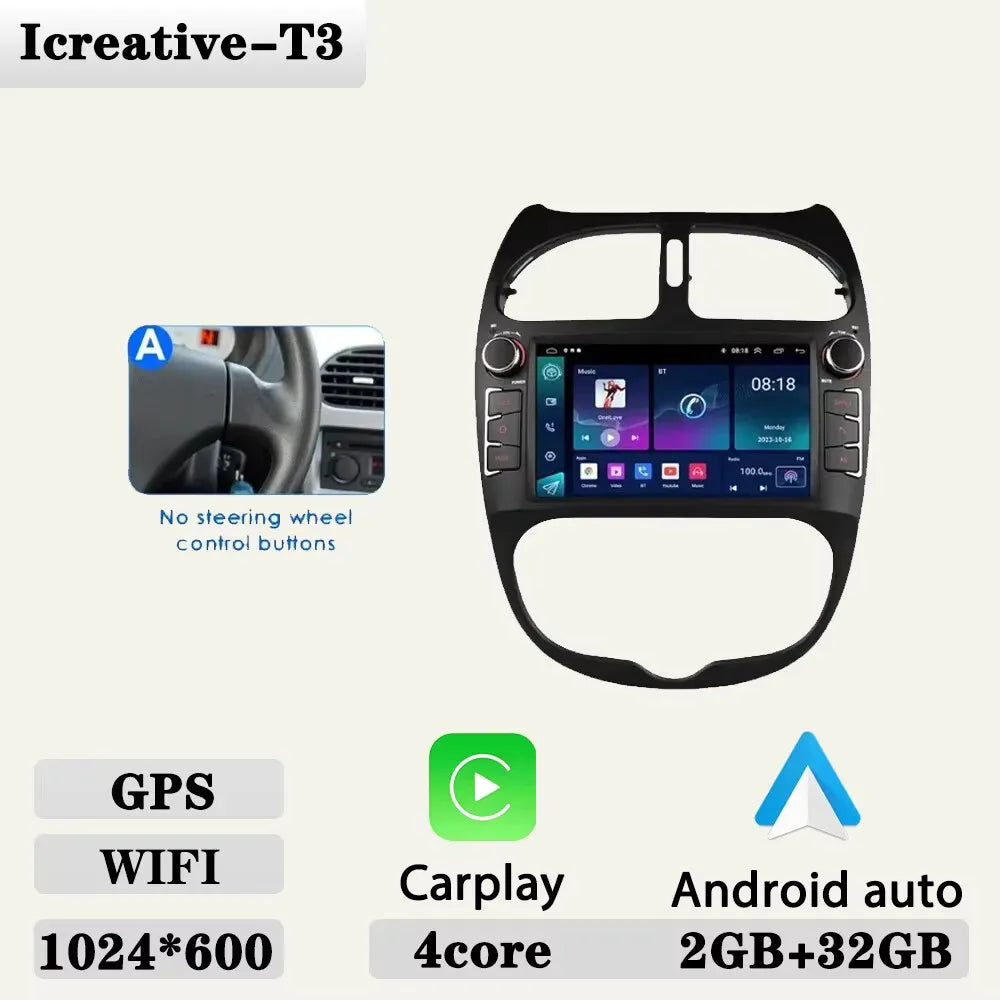 Android 2DIN Autoradio 7” met CarPlay & Android Auto voor Peugeot 206 (2000–2008)
