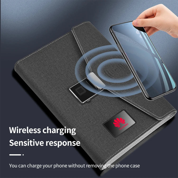 WEIYISS A5 Luxus-Businessplaner mit Fingerabdrucksperre und 10.000-mAh-Powerbank – Kabellos wiederaufladbares Notebook