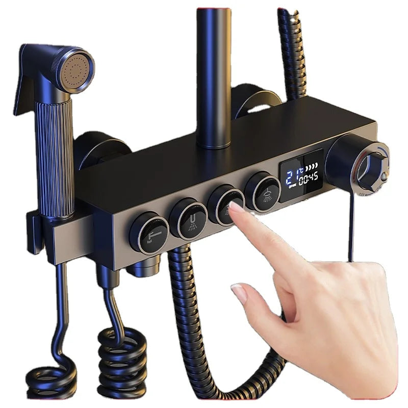Ensemble de douche pluie thermostatique de luxe noir – Robinet de douche en laiton avec douchette à main et modes de massage