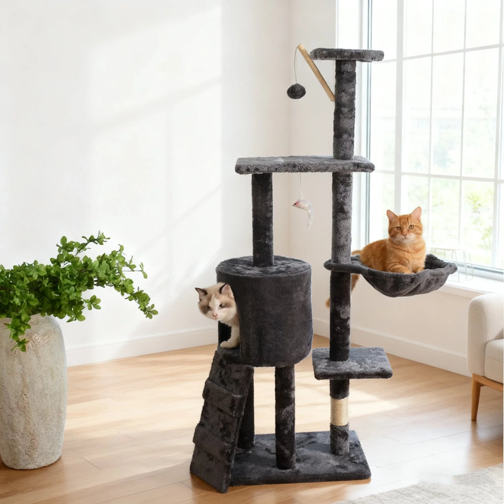 Arbre à Chat Moderne en Bois - Grand Griffoir avec Plateformes d'Escalade et Poteaux en Sisal