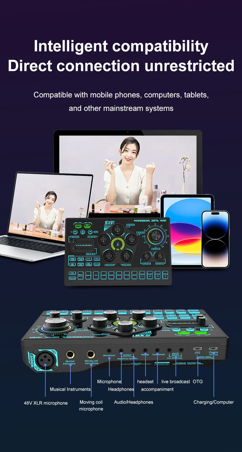 Carte son pour streaming en direct avec effets – Table de mixage audio USB pour podcasts et streaming