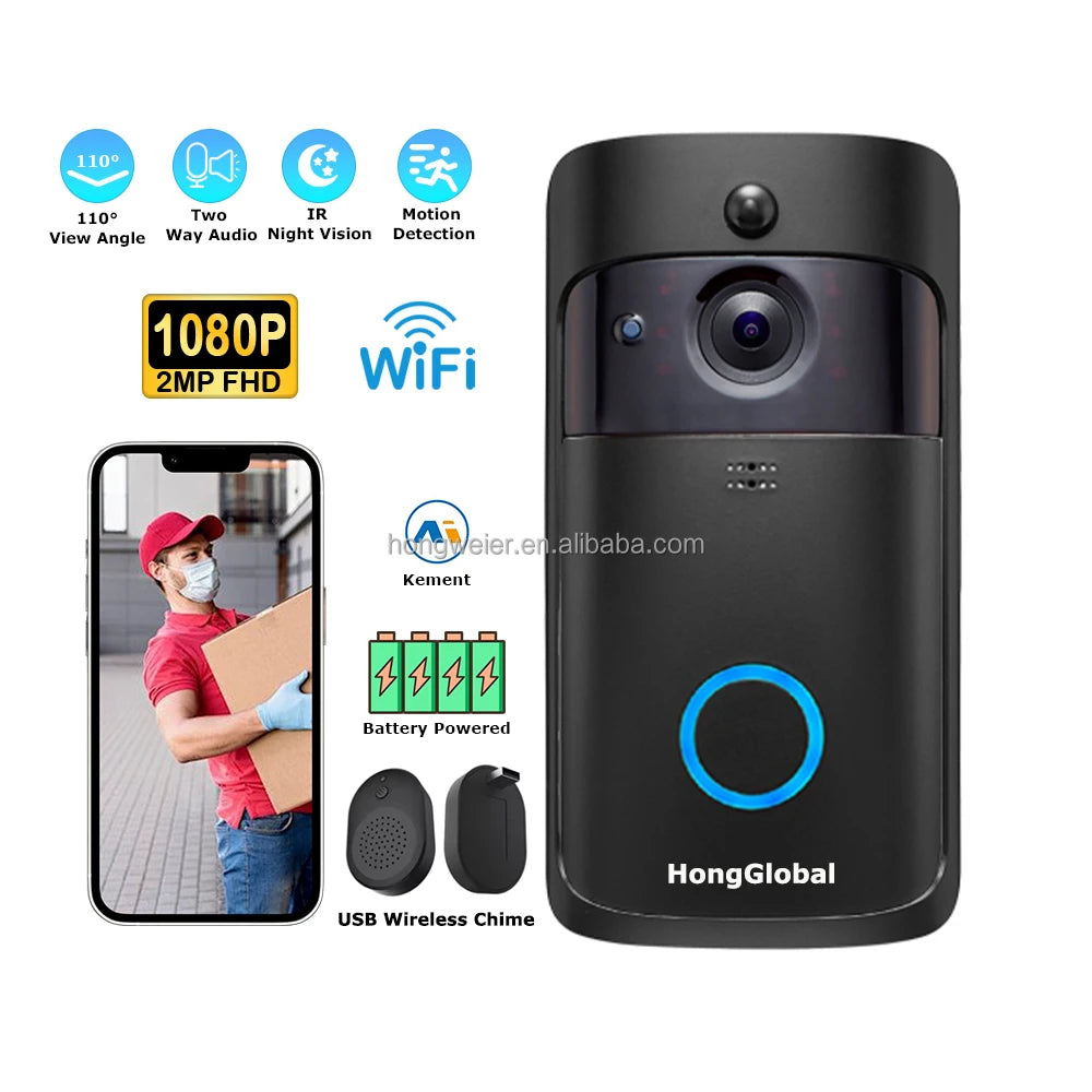 Sonnette vidéo WiFi HongGlobal 2MP – Sans fil – Vision nocturne infrarouge – Modèle V5-B