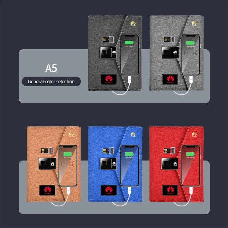 WEIYISS A5 Luxus-Businessplaner mit Fingerabdrucksperre und 10.000-mAh-Powerbank – Kabellos wiederaufladbares Notebook