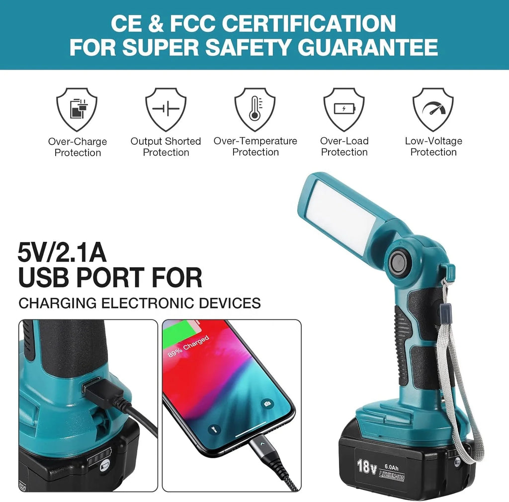 1000 Lumen Zaklamp voor Makita 18V Accu – Met USB Poort – Werkplaats & Camping Lamp