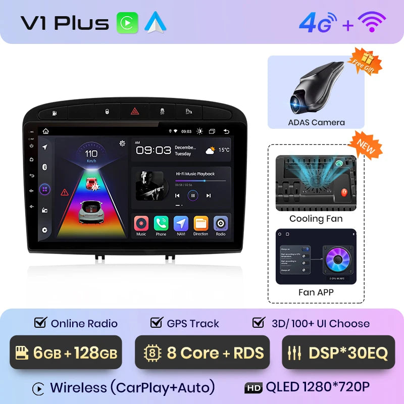 Autoradio Junsun compatible CarPlay et Android Auto – Peugeot 308 / 308S / 408 (2012–2020) – Navigation multimédia Android