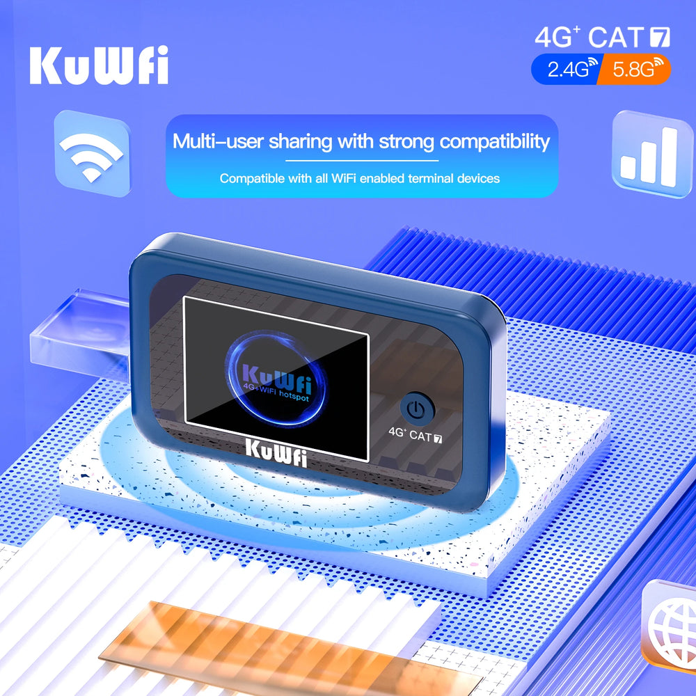 Routeur mobile KuWFi Cat7 4G+ – Point d'accès mobile 1200 Mbps avec écran LCD (camping-cars et camping)