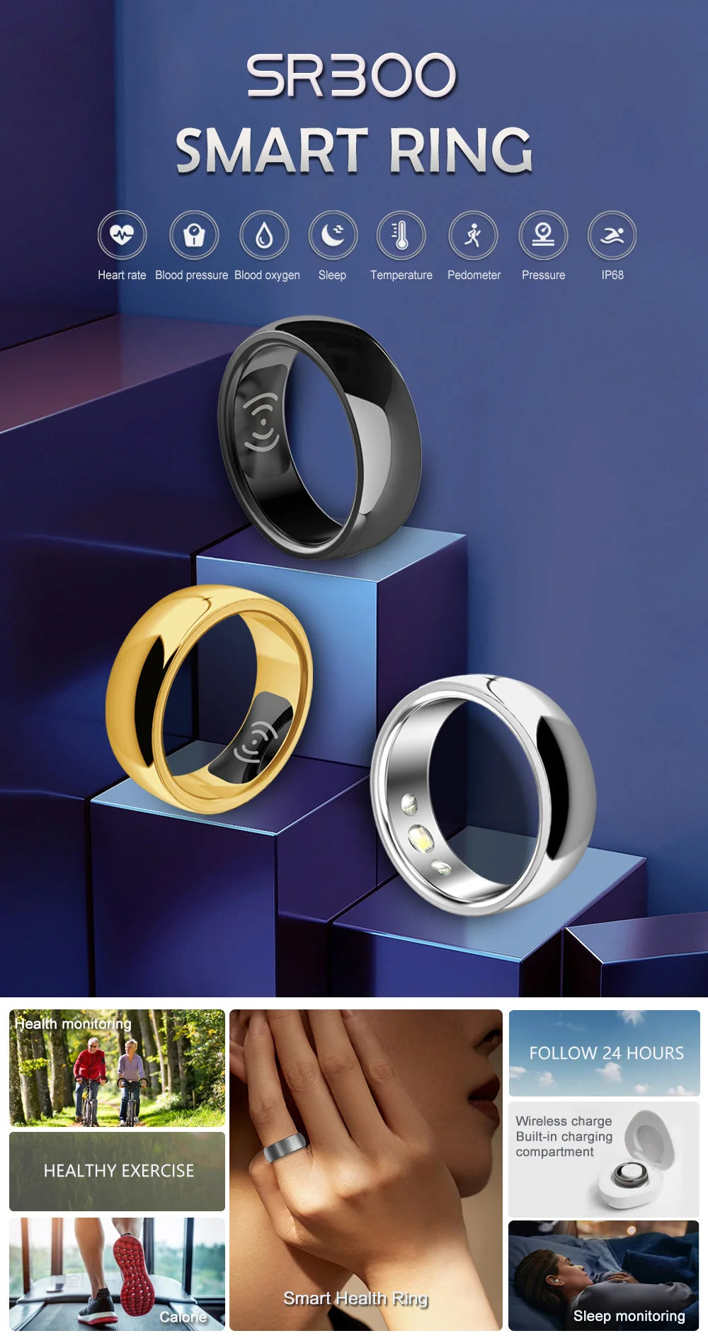 Apex Ring SR300 Smart Health Ring 2024 – Herzfrequenz, SpO₂ & NFC – IP67 Wasserdicht