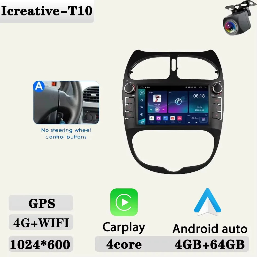 Android 2DIN Autoradio 7” met CarPlay & Android Auto voor Peugeot 206 (2000–2008)