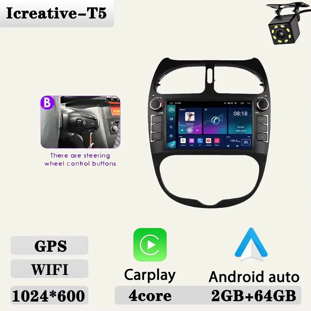 Android 2DIN Autoradio 7” met CarPlay & Android Auto voor Peugeot 206 (2000–2008)