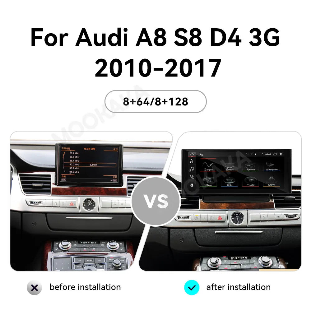 MOOKAKA 12,3-Zoll-Autoradio für Audi A8 S8 D4 – Android 13 Multimediasystem mit 1920x720 IPS-Display