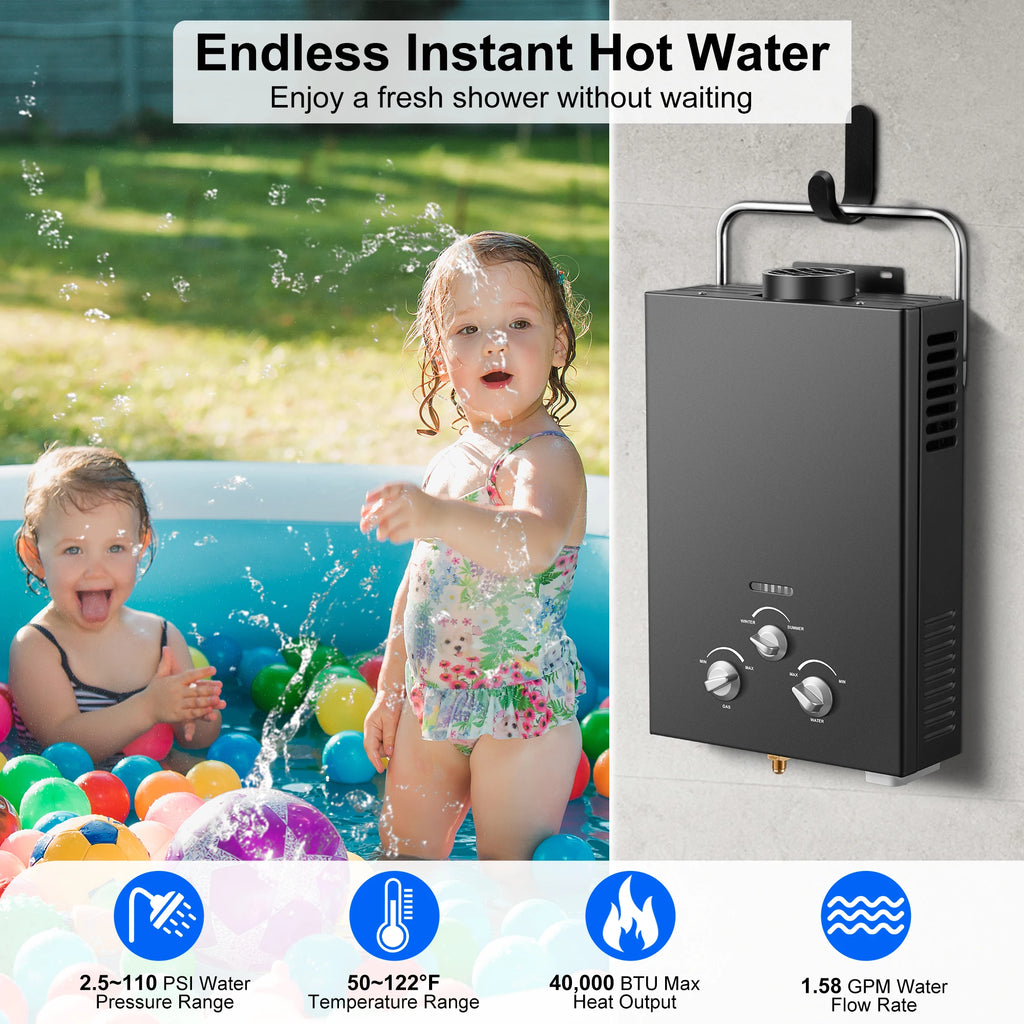 Chauffe-eau instantané au propane JSD001-6L pour l'extérieur – Chauffe-eau à gaz portable de 6 L pour le camping et les véhicules récréatifs