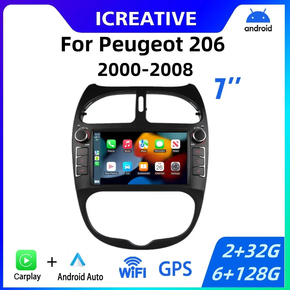 Android 2DIN Autoradio 7” met CarPlay & Android Auto voor Peugeot 206 (2000–2008)