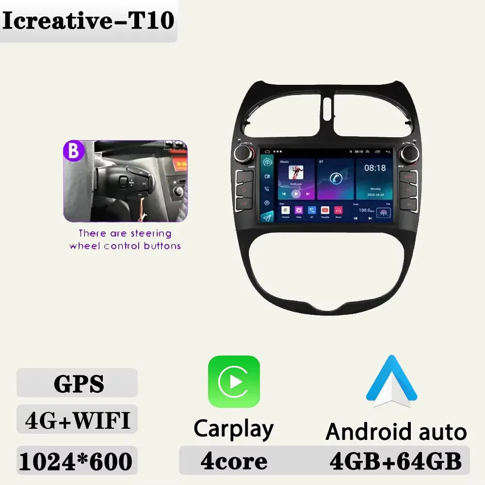 Android 2DIN Autoradio 7” met CarPlay & Android Auto voor Peugeot 206 (2000–2008)