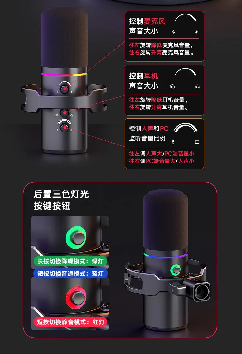 RGB Dynamische USB Microfoon – Cardioïde – Met LED Verlichting – Voor Streaming & Opnames
