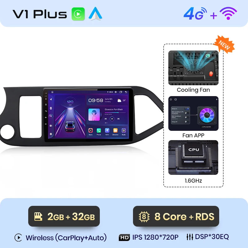 Autoradio Junsun CarPlay et Android Auto – Kia Picanto 2011–2014 – Navigation multimédia Android 12