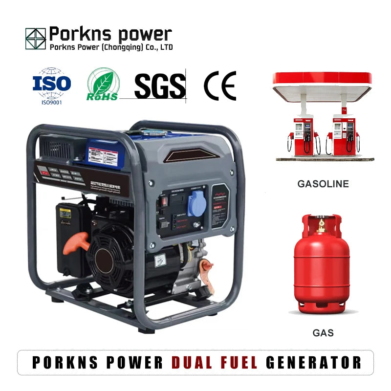 Porkns Dual Fuel Generator 3,2–5 kW – Benzin- und Gasgenerator für Zuhause und Camping