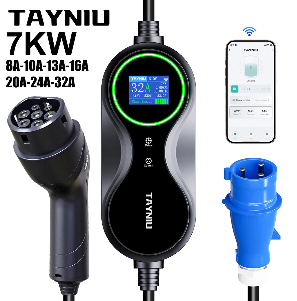 TAYNIU 32A 7kW Tragbares Ladegerät für Elektrofahrzeuge mit App-Steuerung – Typ 2 – 5 Meter Kabel – Inkl. Tasche und Halterung