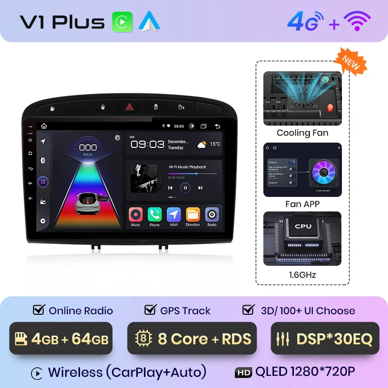 Autoradio Junsun compatible CarPlay et Android Auto – Peugeot 308 / 308S / 408 (2012–2020) – Navigation multimédia Android