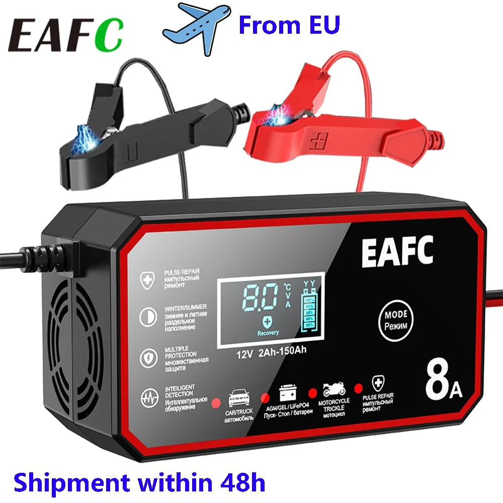Chargeur de batterie intelligent EAFC 12V pour voiture – Chargeur de batterie 12V avec réparation par impulsions et écran LCD
