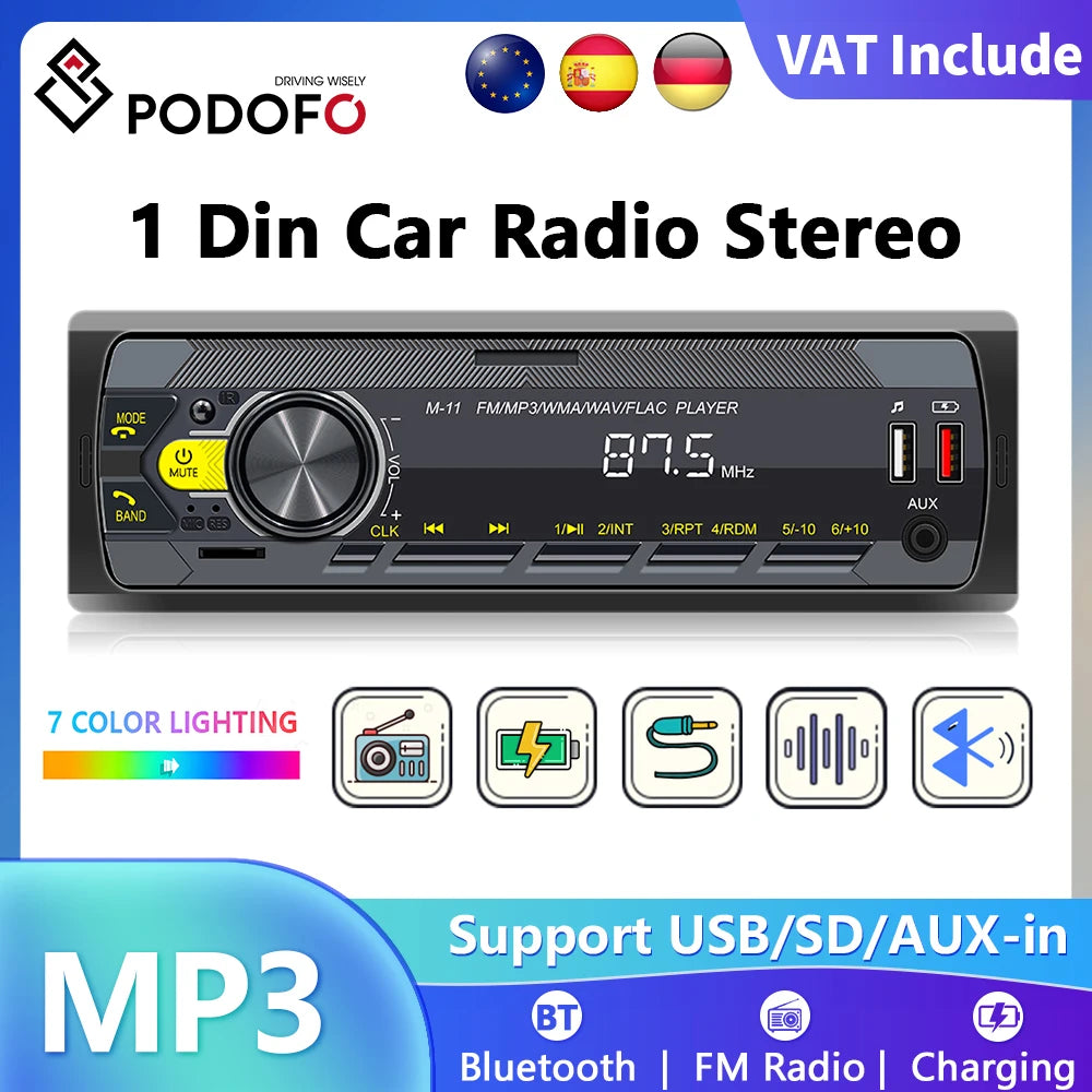 Podofo 1DIN Bluetooth Autoradio MP3 Speler – FM Radio, USB, AUX & APP Remote Control