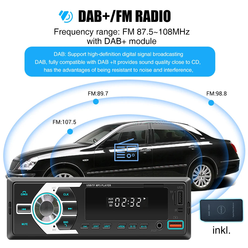 Autoradio MOPECT DAB+ 1-DIN Bluetooth – Lecteur MP3 avec 2 ports USB, carte TF, entrée auxiliaire et télécommande