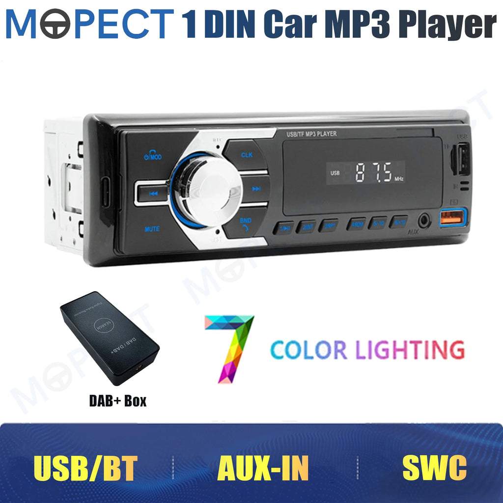 Autoradio MOPECT DAB+ 1-DIN Bluetooth – Lecteur MP3 avec 2 ports USB, carte TF, entrée auxiliaire et télécommande