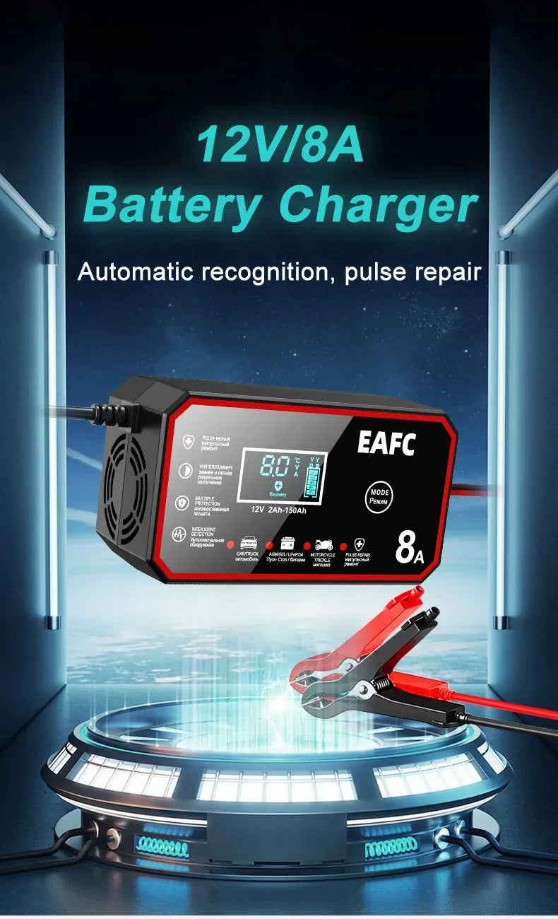 Chargeur de batterie intelligent EAFC 12V pour voiture – Chargeur de batterie 12V avec réparation par impulsions et écran LCD