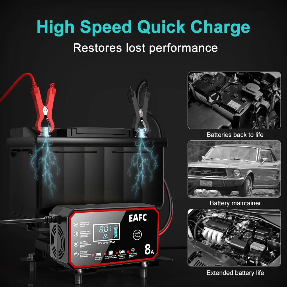 Chargeur de batterie intelligent EAFC 12V pour voiture – Chargeur de batterie 12V avec réparation par impulsions et écran LCD