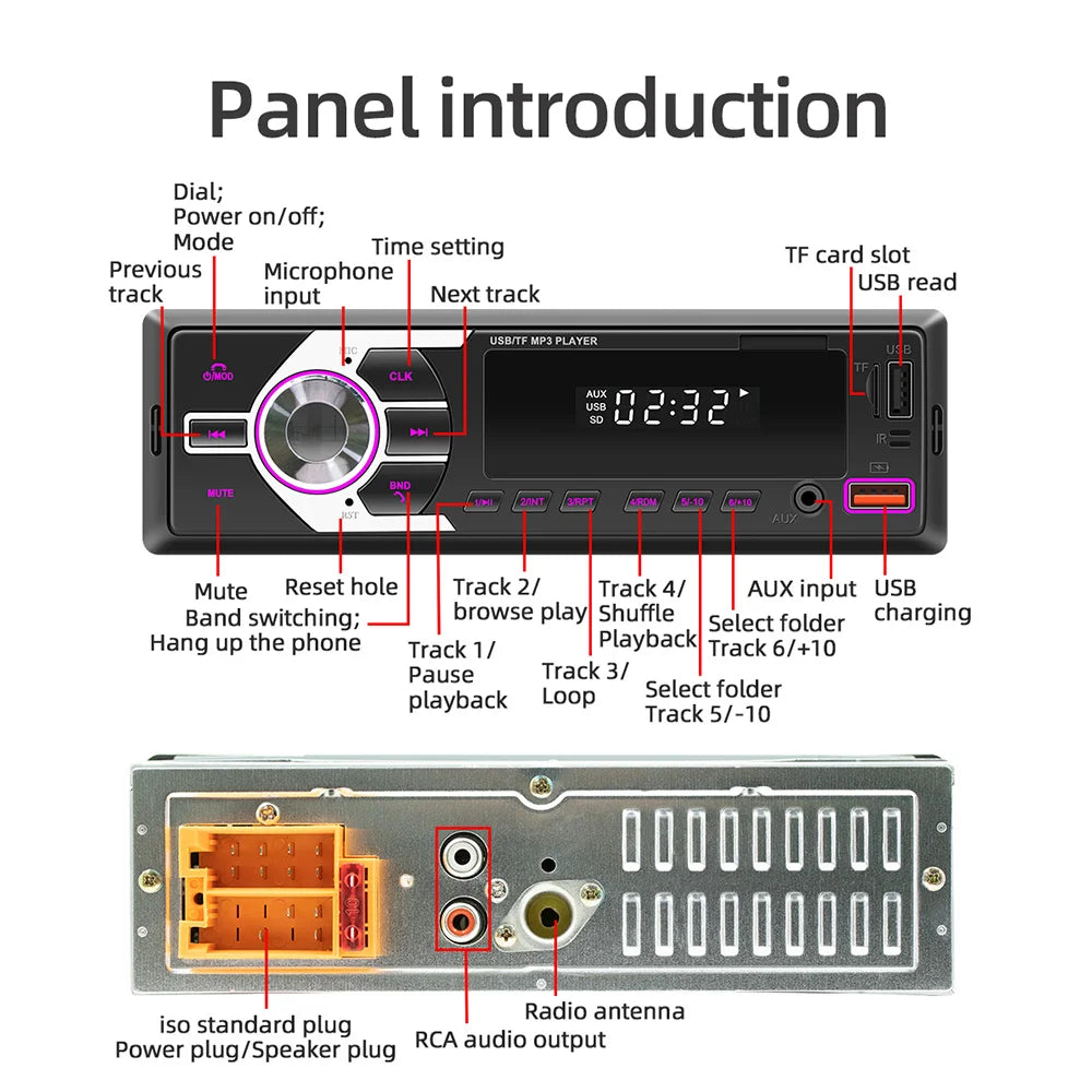Autoradio MP3 Bluetooth MOPECT 1DIN – FM, USB, TF et AUX avec éclairage 7 couleurs