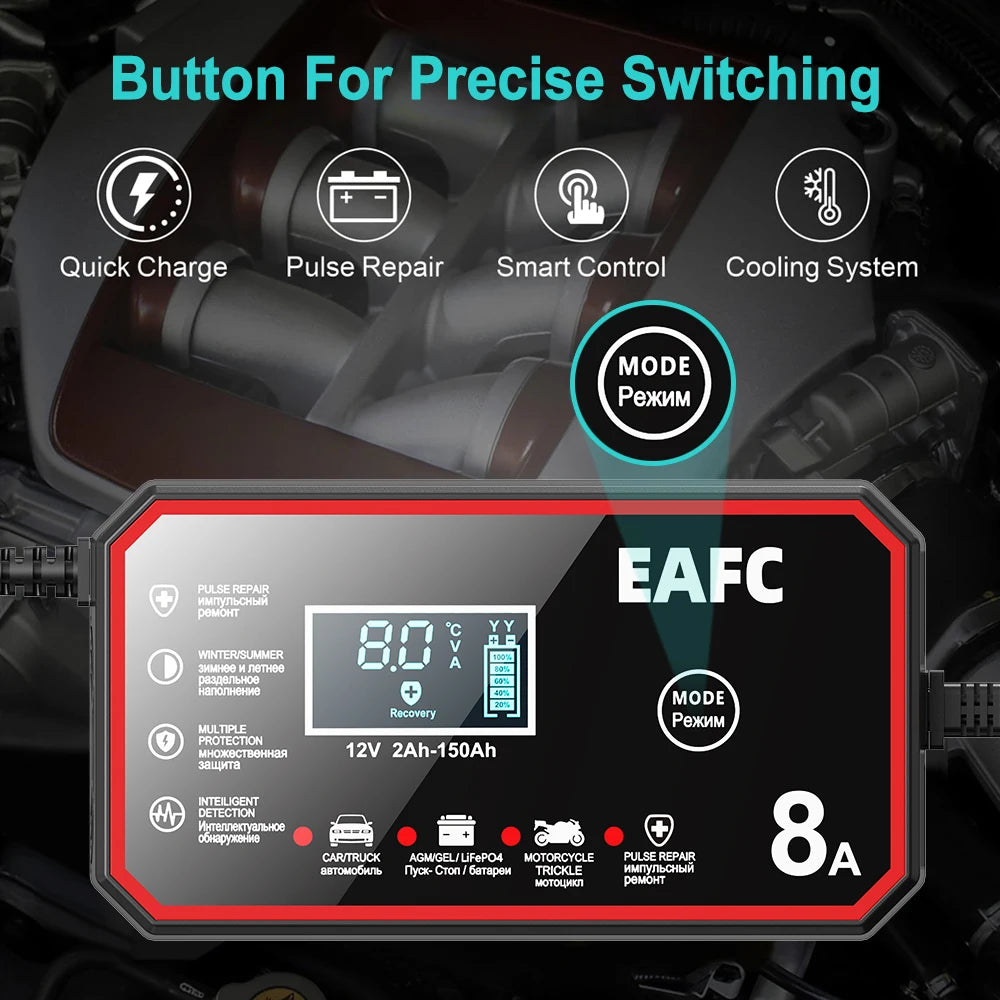 Chargeur de batterie intelligent EAFC 12V pour voiture – Chargeur de batterie 12V avec réparation par impulsions et écran LCD