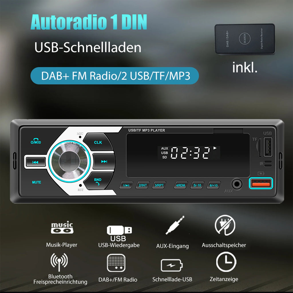 Autoradio MOPECT DAB+ 1-DIN Bluetooth – Lecteur MP3 avec 2 ports USB, carte TF, entrée auxiliaire et télécommande