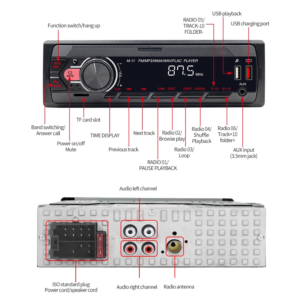 Podofo 1DIN Bluetooth Autoradio MP3 Speler – FM Radio, USB, AUX & TF Kaart met Afstandsbediening