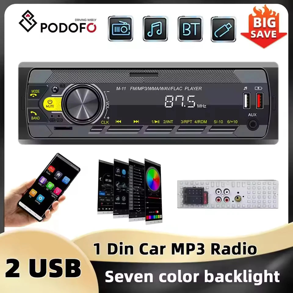 Podofo 1DIN Bluetooth Autoradio MP3 Speler – FM Radio, USB, TF & AUX met Afstandsbediening