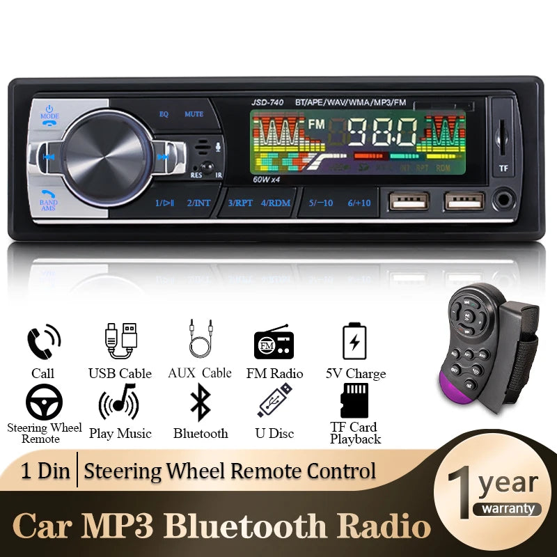 Autoradio MP3 Bluetooth SINOVCLE 1DIN – Radio FM 4 x 60 W avec USB, AUX et lecteur de carte TF + télécommande