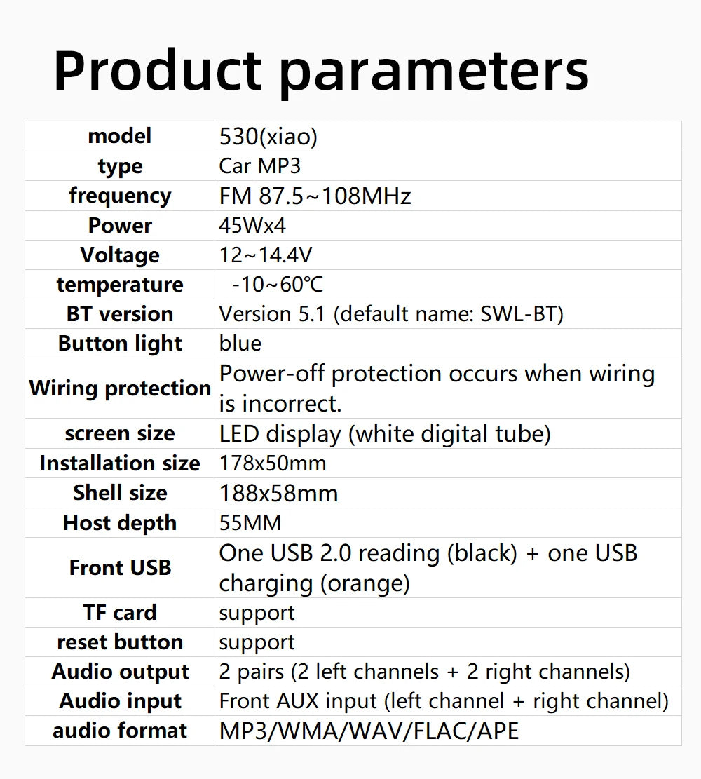 Autoradio stéréo Bluetooth BQCC 60 W x4 – Lecteur MP3 avec radio FM, USB et carte SD