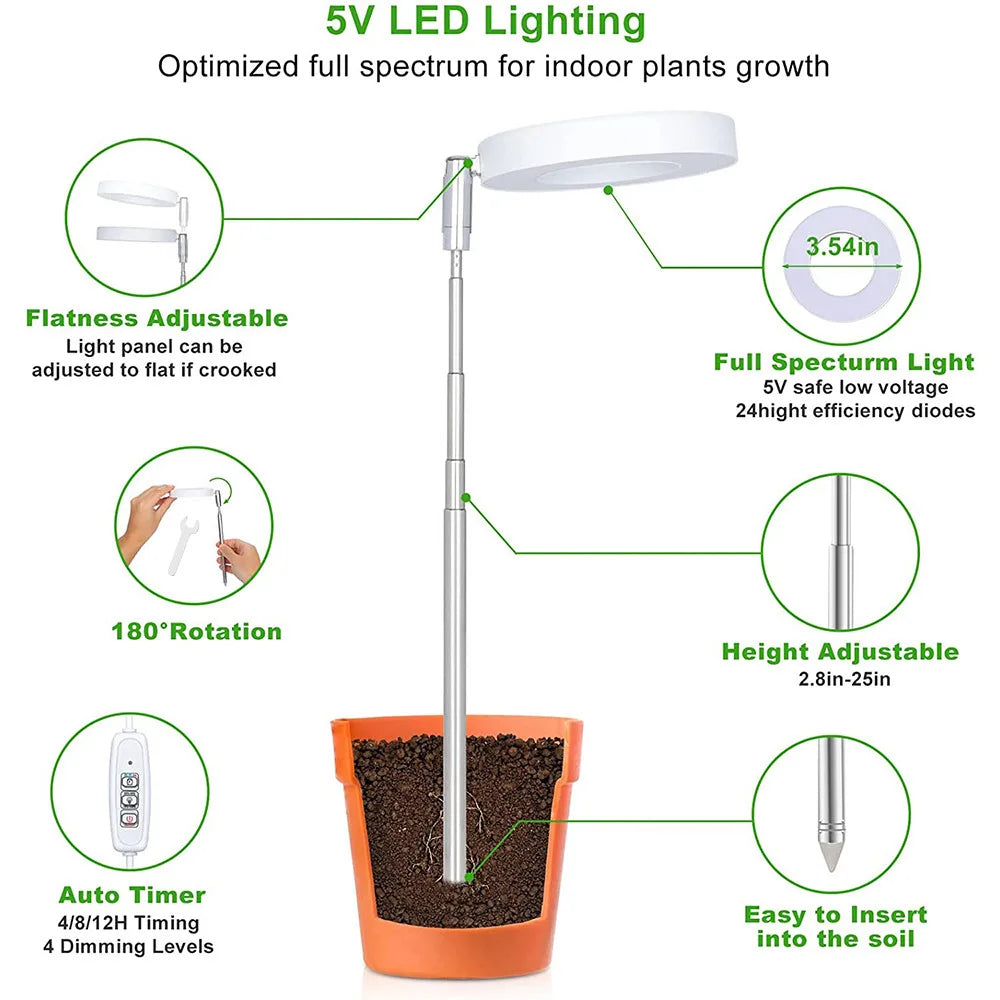 LED Kweeklamp voor Binnenplanten – Full Spectrum Groeilamp met Timer & Dimfunctie (5V USB)