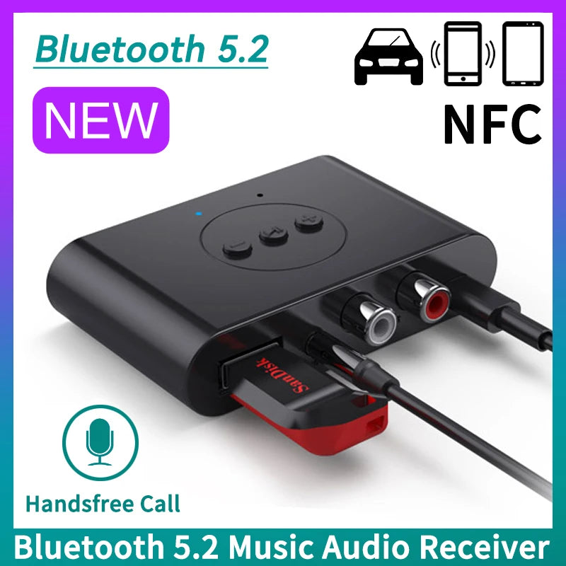 Récepteur audio Bluetooth 5.2 avec NFC – Adaptateur sans fil AUX et RCA pour voiture, haut-parleurs et amplificateurs