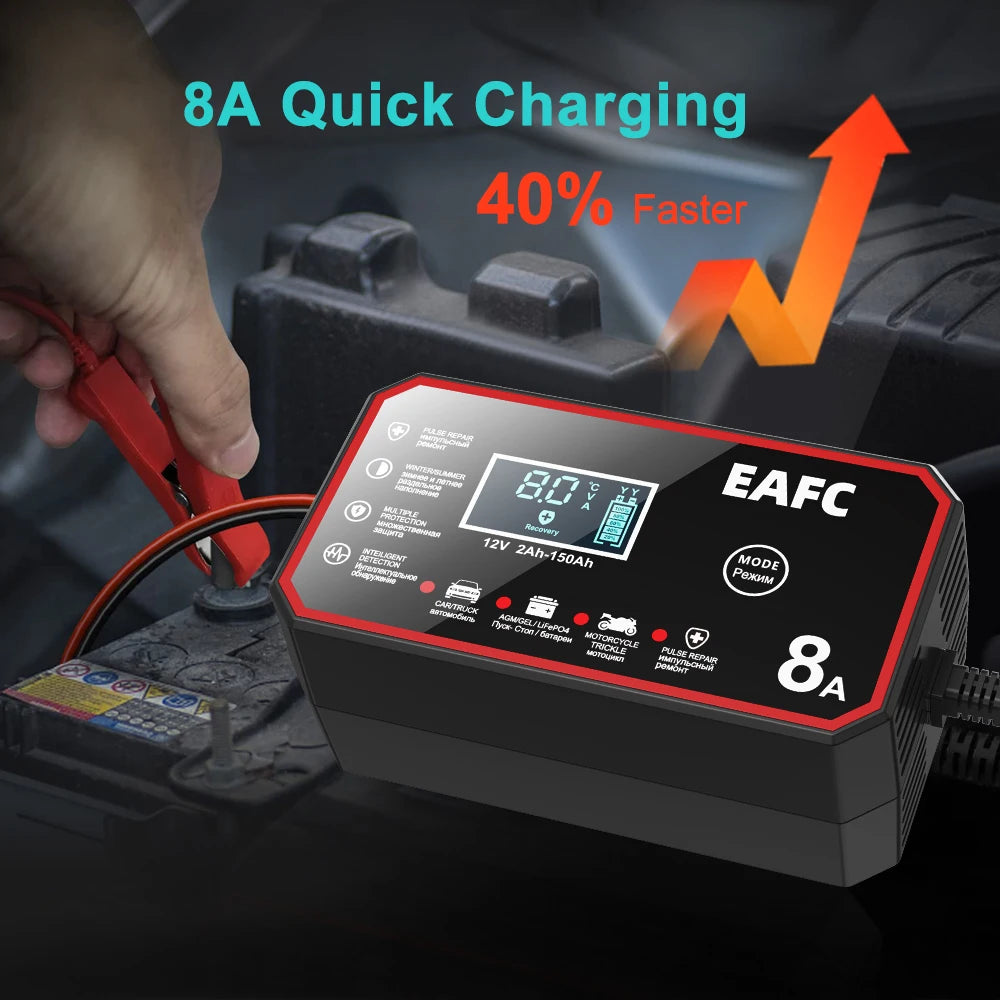 Chargeur de batterie intelligent EAFC 12V pour voiture – Chargeur de batterie 12V avec réparation par impulsions et écran LCD
