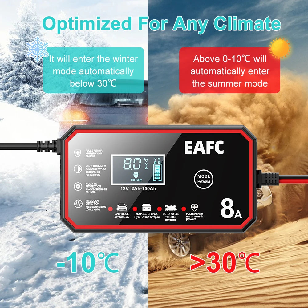 Chargeur de batterie intelligent EAFC 12V pour voiture – Chargeur de batterie 12V avec réparation par impulsions et écran LCD